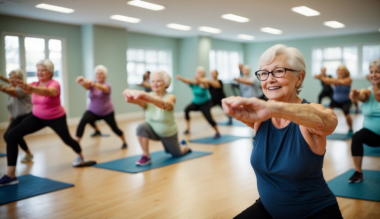 A group of seniors over 60 are engaged in a low-impact exercise class, following the instructor's guidance with enthusiasm. The room is filled with light and positive energy as they stretch and move to improve their mobility and strength