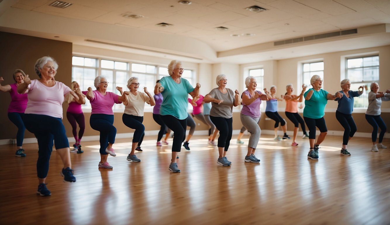 A group of seniors over 60 are gathered in a spacious, well-lit room, following along with exercise resources displayed on a large screen. The room is filled with energy and enthusiasm as the seniors engage in various movements and stretches