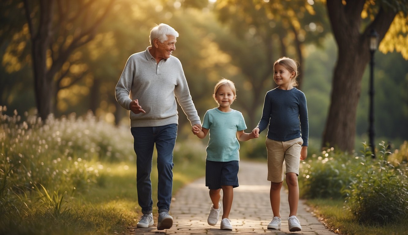 A grandparent and grandchild walk together, pointing out nature and discussing the benefits of exercise