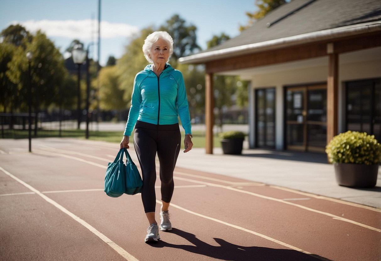 Elderly person in workout clothes, facing a closed gym door. Outside, a sunny park with walking paths and exercise stations