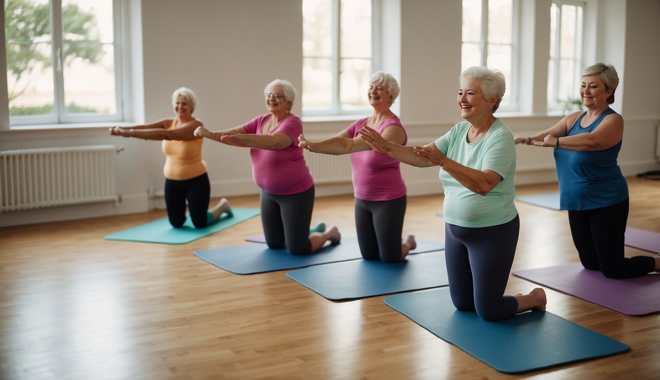 A group of seniors over 60 are gathered in a bright, spacious room with exercise mats and chairs. They are engaged in gentle stretches and light cardio exercises, led by an instructor with a warm smile