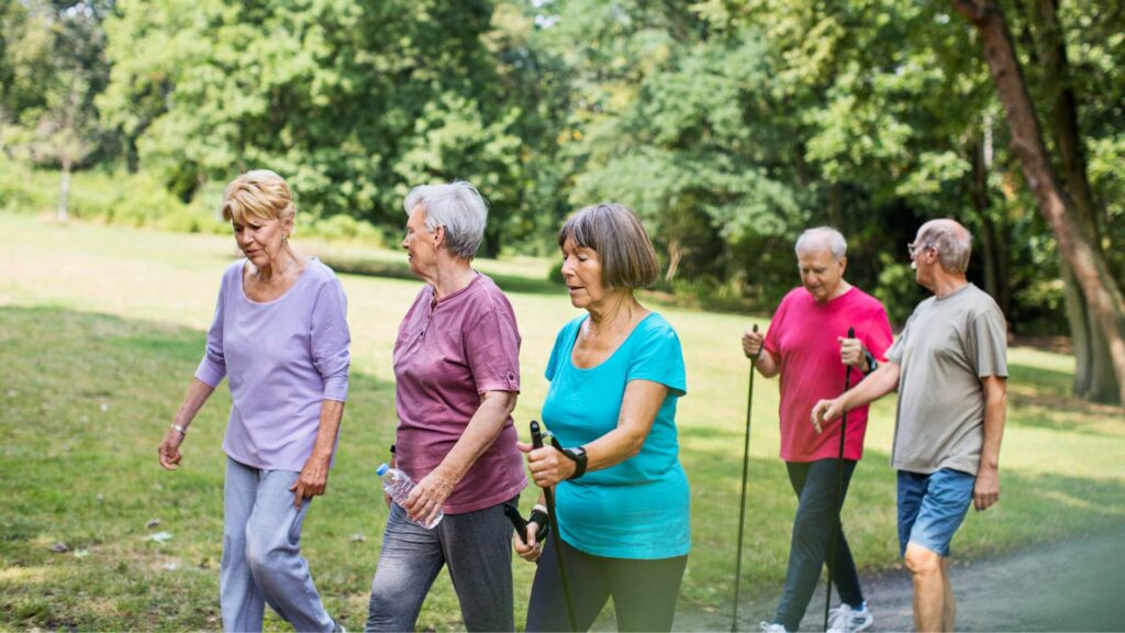 group of seniors walking for exercise